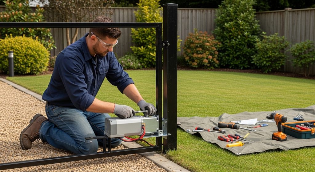 Đội thợ lắp đặt cửa cổng tự động tại công trình thực tế